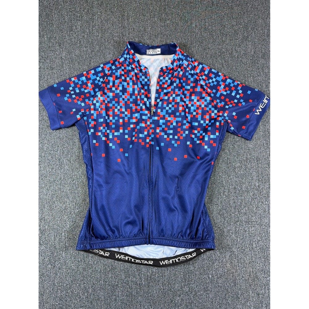 Weimostar Mens XL Cycling Jersey Blue Red Pixel Geometric Short Sleeve Full Zip